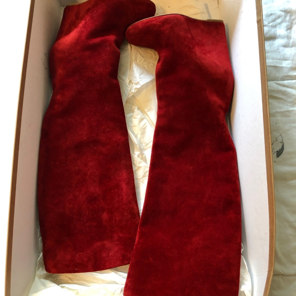 Knee high christian louboutin red suede boots